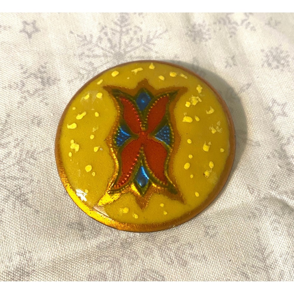 Mid Century Modern Copper & Enamel Pin hand made yellow red blue